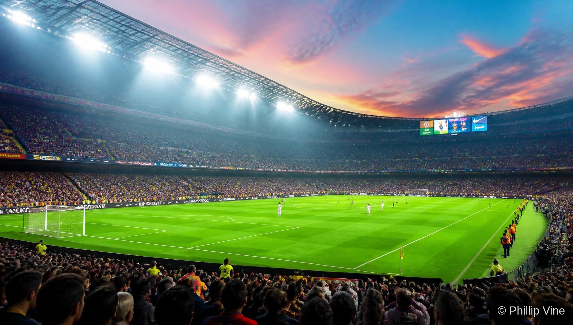 A floodlit football stadium at night, light beams cutting through the mist